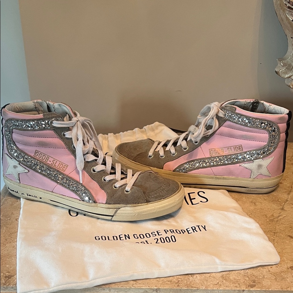 Golden Goose Pink and Tan Glitter High-Tops